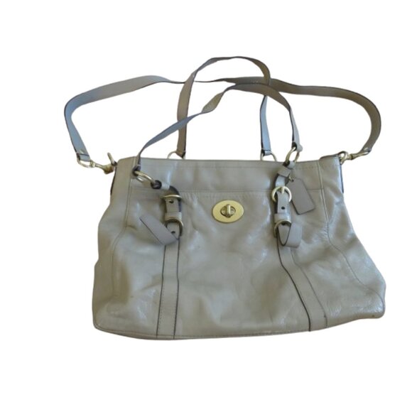 COACH Chelsea Taupe Tan Patent Leather Turnlock Shoulder Zip Up Tote Bag